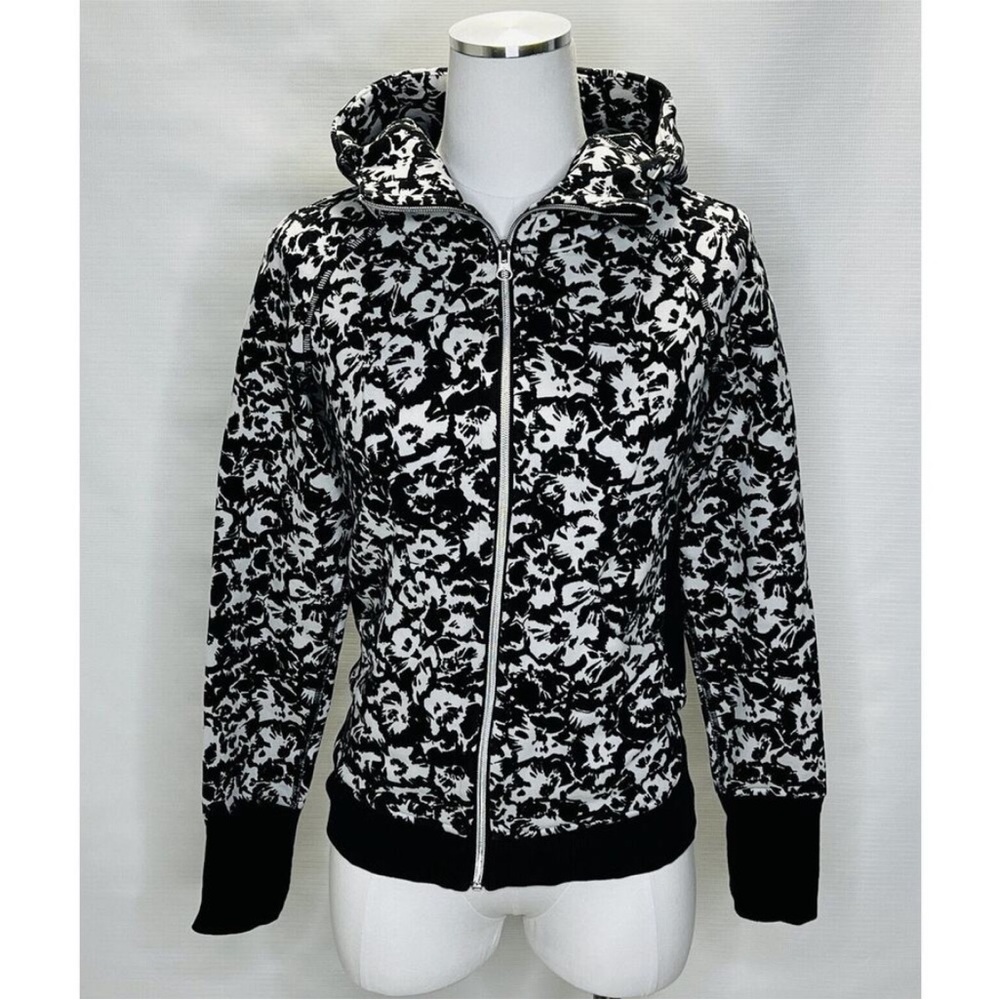 Lululemon Scuba Hoodie Black White Floral Zip Up Jacket Women’s Size 6